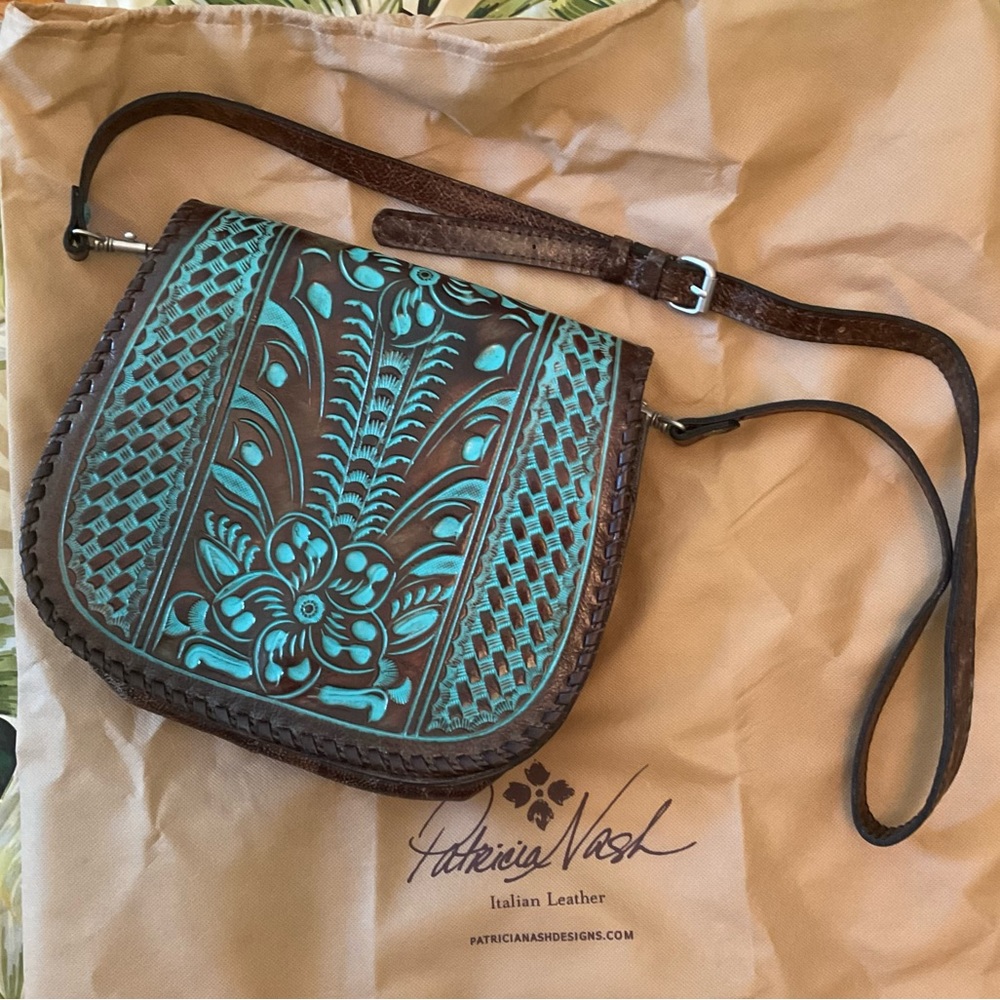 Patricia Nash Savini Saddle Bag Turquoise Brown Crossbody Tooled Leather